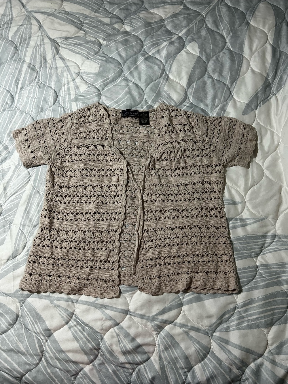 Laura Scott Beige Crochet Short-Sleeve Cardigan
